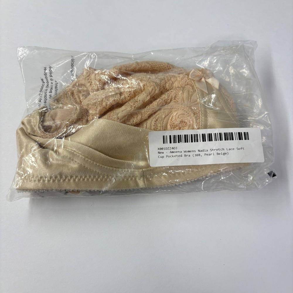 NWT Amoena Womens Nadia Stretch Lace Soft Cup Pocketed Bra 38B Pearl Beige